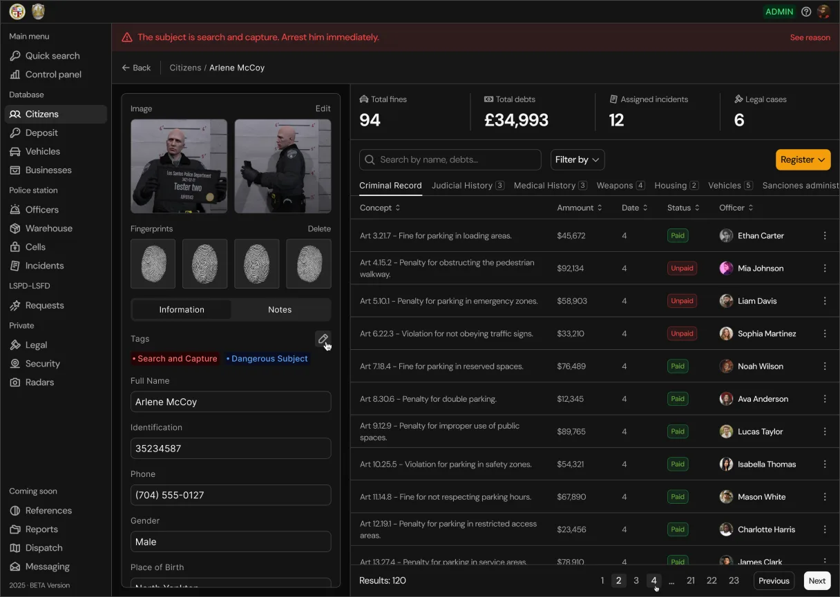 The citizen record screen