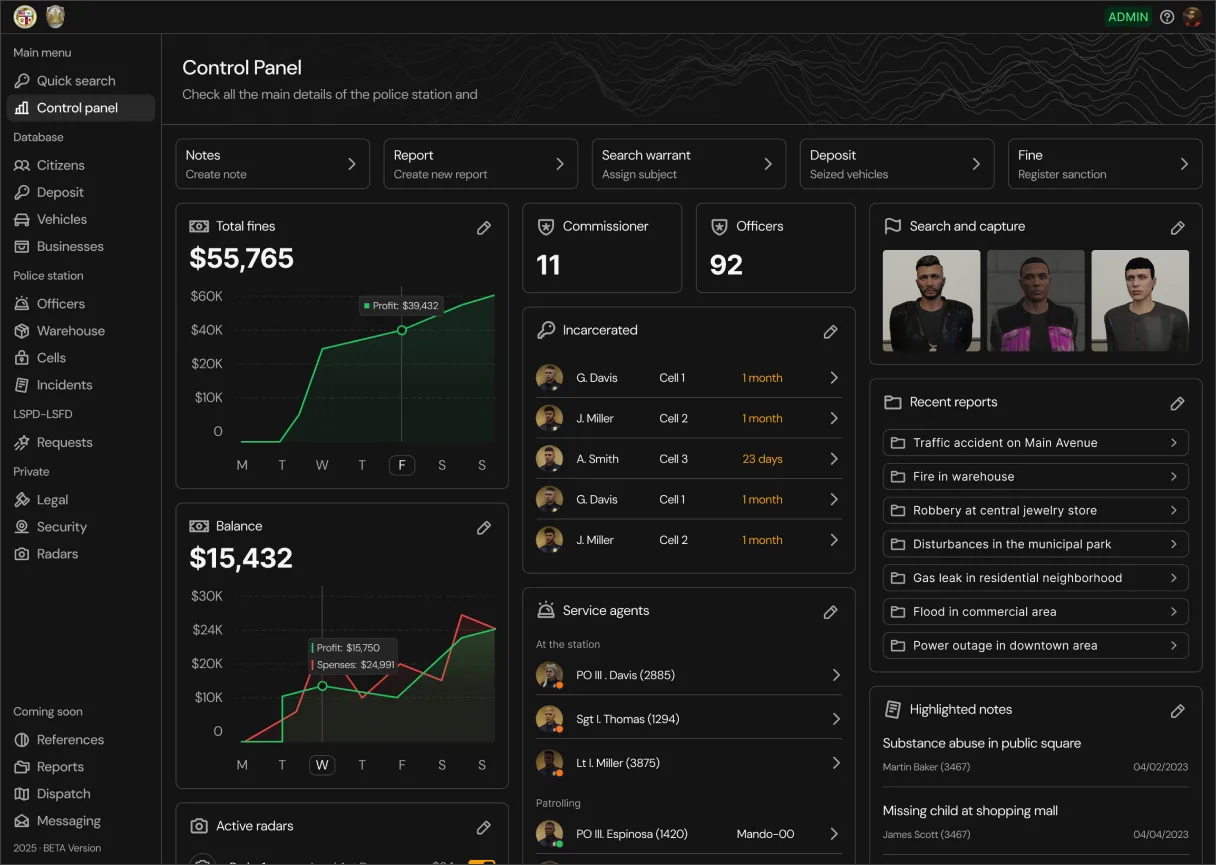 The Dashboard screen of the tablet