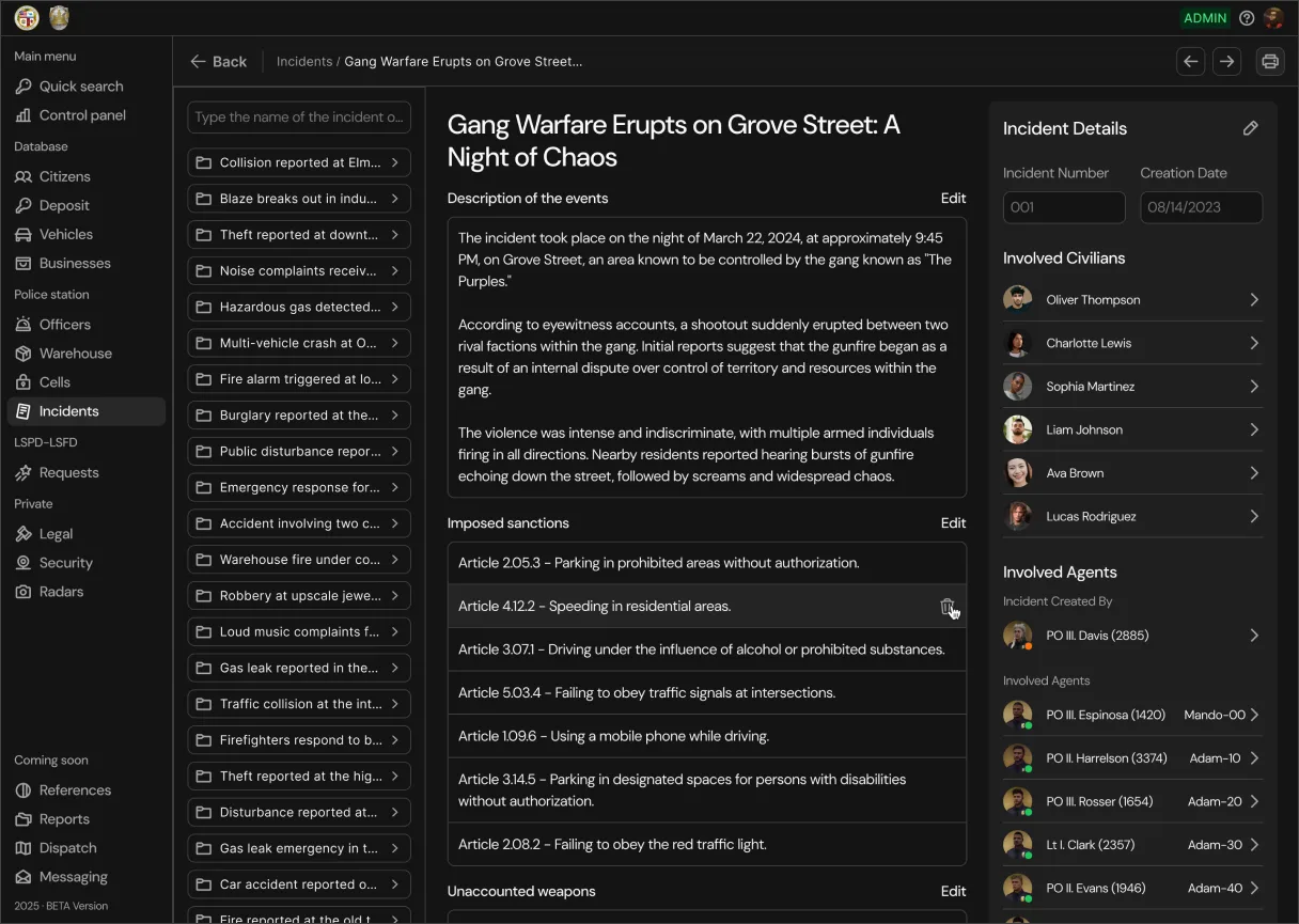 The manage incidents screen