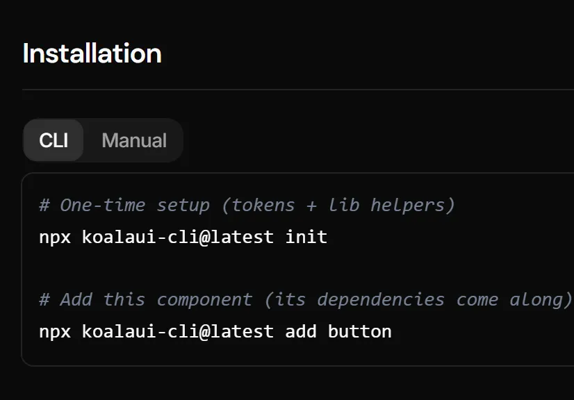 The Button docs page: the two Koala UI CLI commands that install it