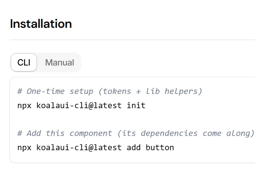 The Button docs page: the two Koala UI CLI commands that install it