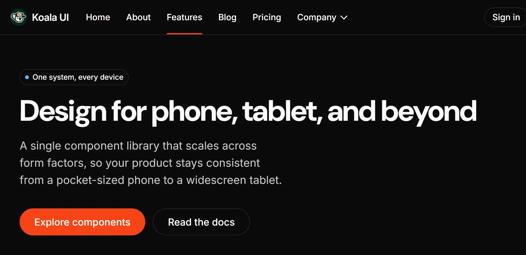 A landing page built from Koala UI sections: a navbar over a headline, a lede and two calls to action