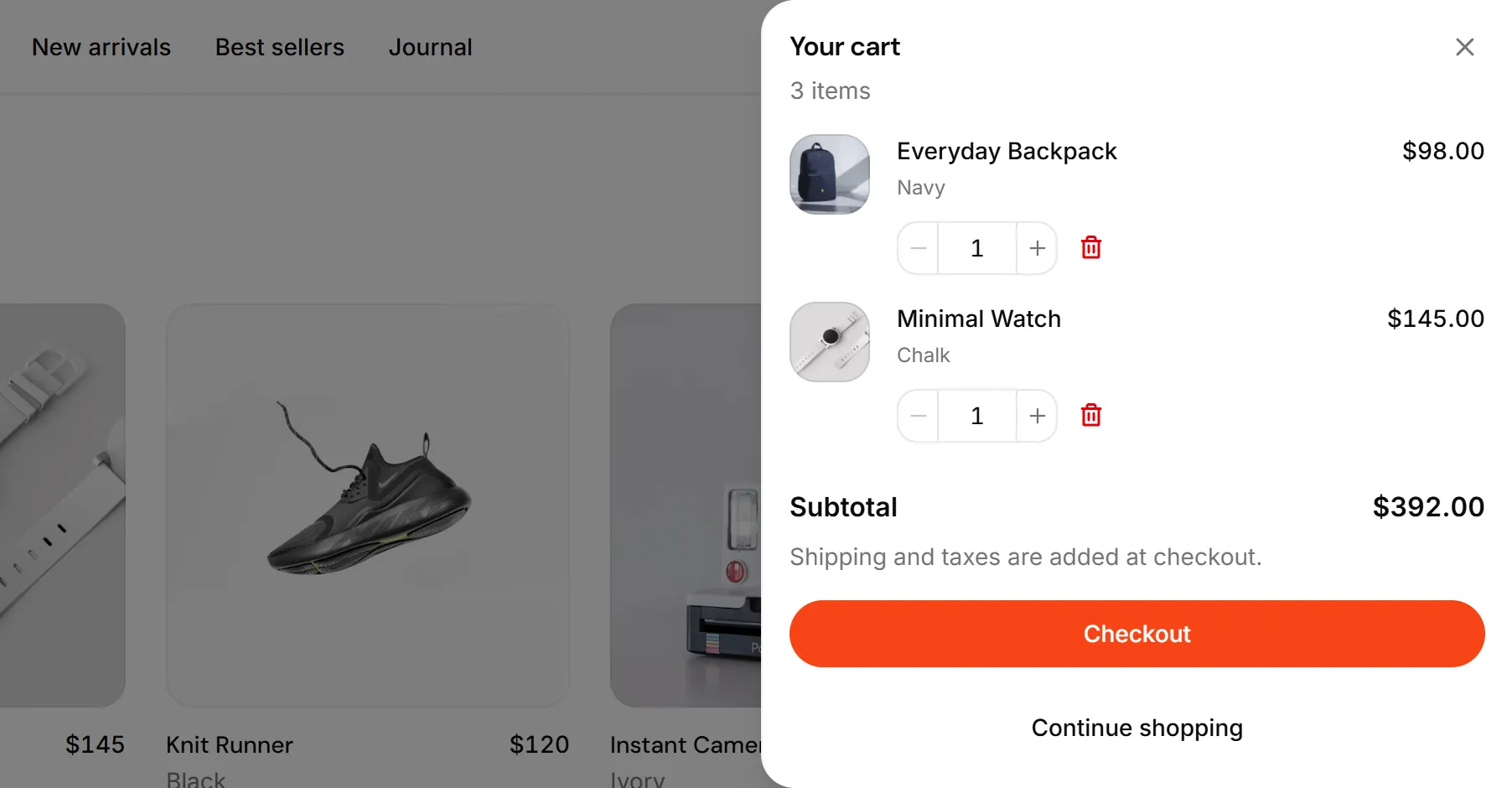 A slide-over cart open over the storefront: line items with quantity steppers, the subtotal, and Checkout