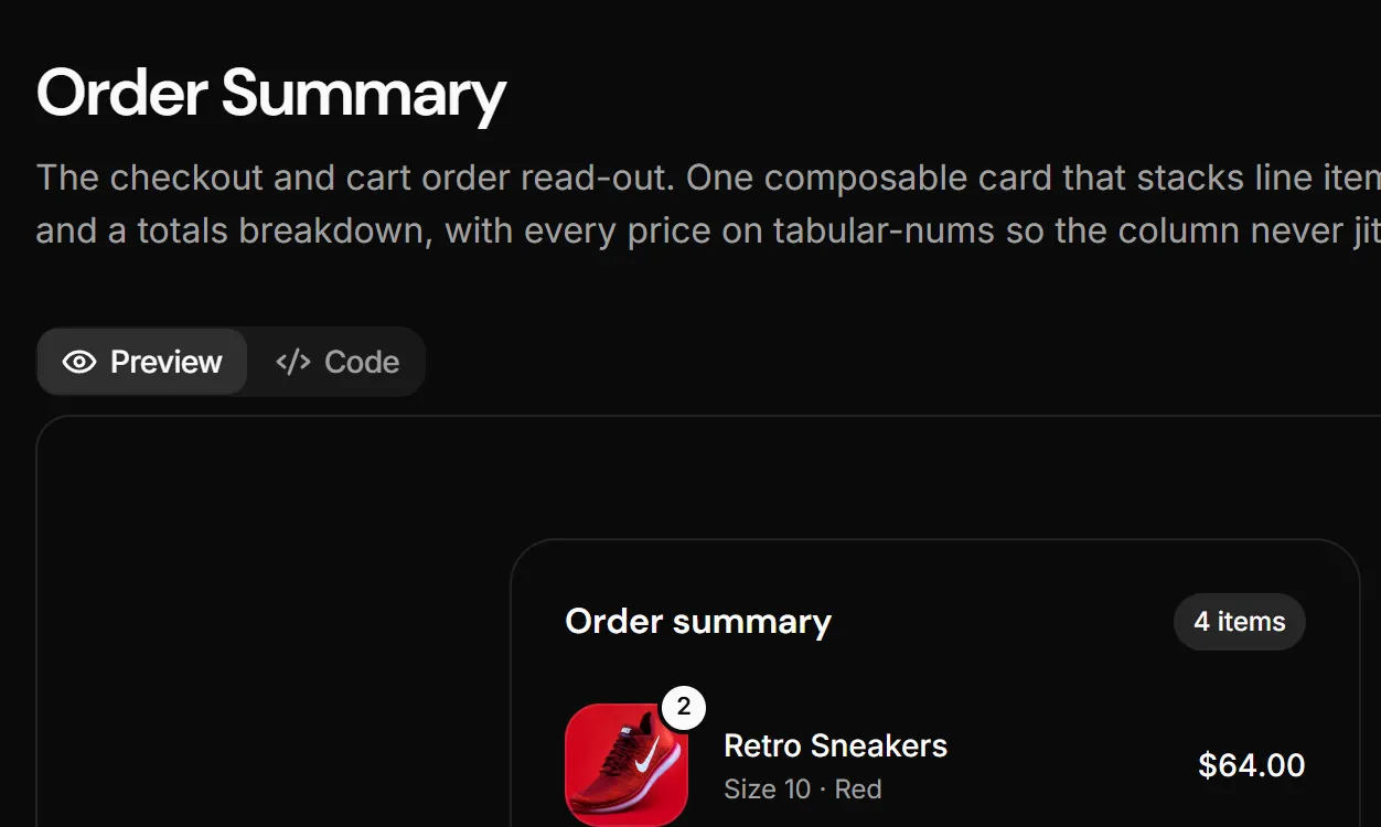 The Order Summary page of the Koala UI docs: its title, summary and a live preview