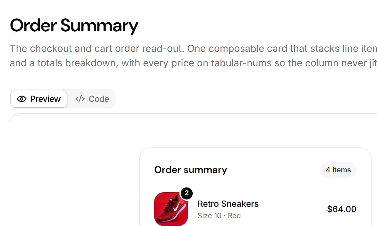The Order Summary page of the Koala UI docs: its title, summary and a live preview