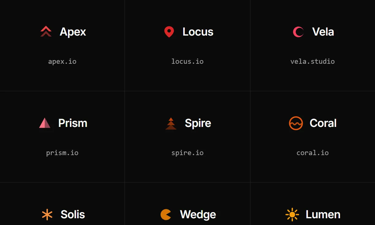 Placeholder brand logos from the Koala UI library: Apex, Locus, Vela, Prism, Spire and Coral