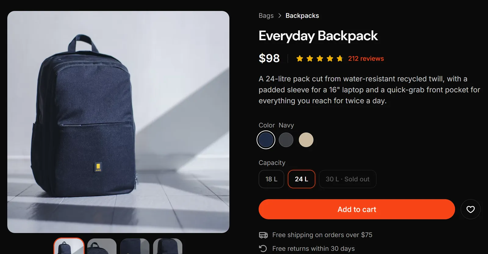 A product page built from Koala UI: the photo gallery, price and rating, color and capacity pickers, and Add to cart