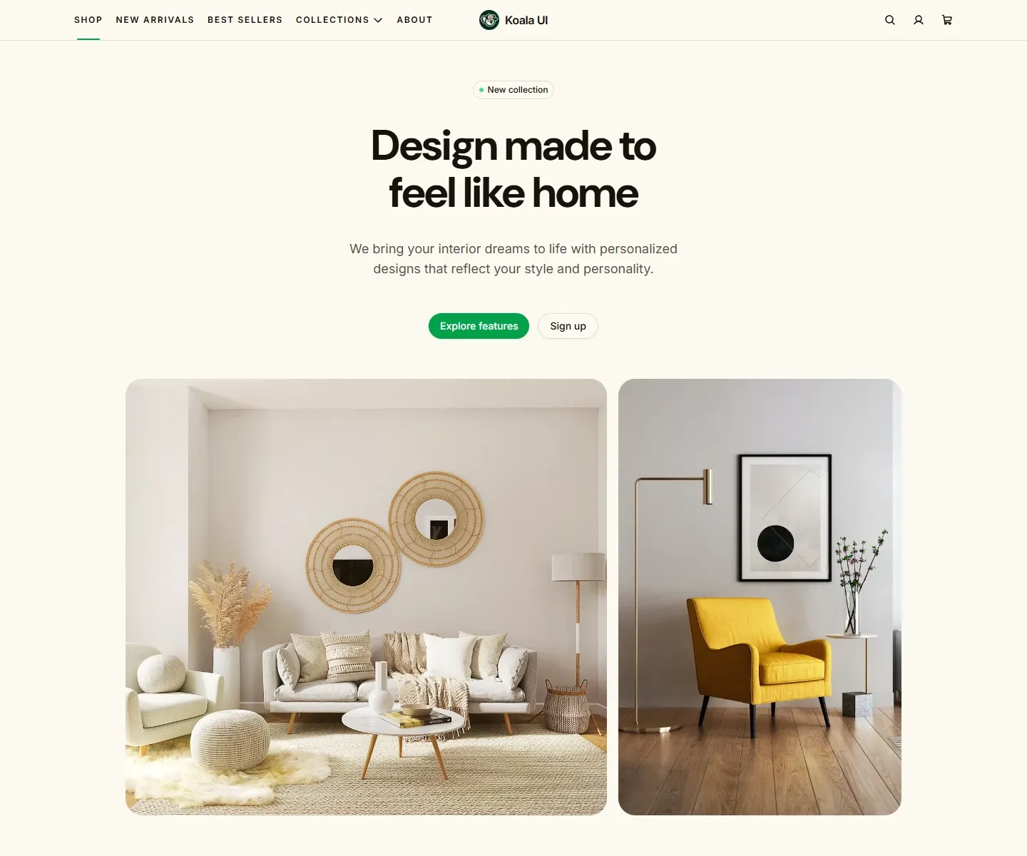 Home page concept built from Koala UI sections, in the Cream theme with a green accent