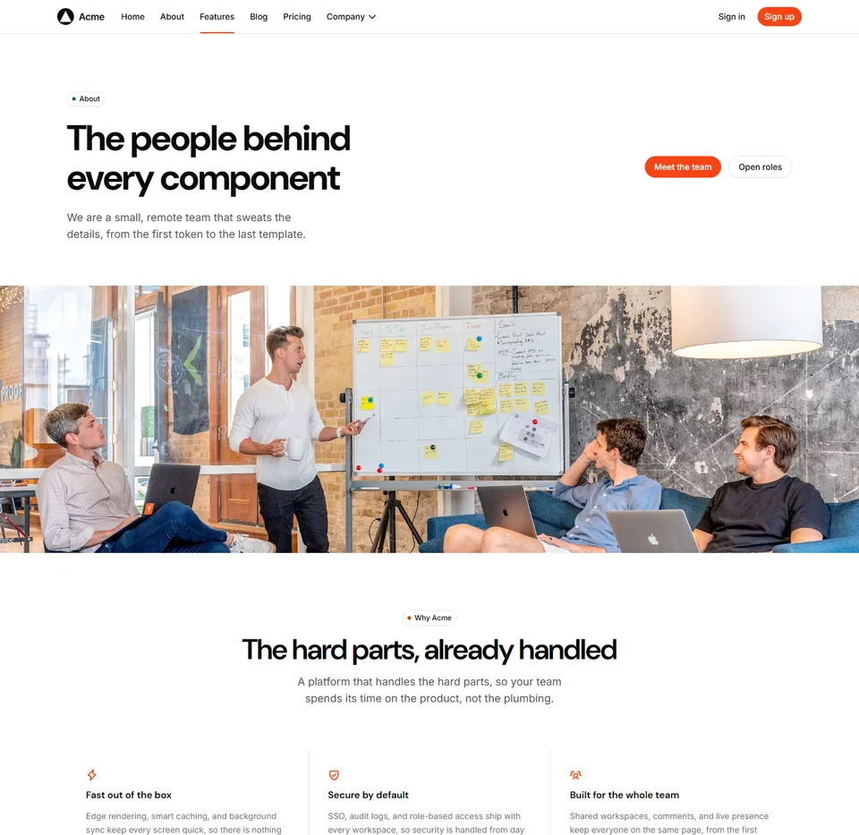 An about page led by a photo of the team at work