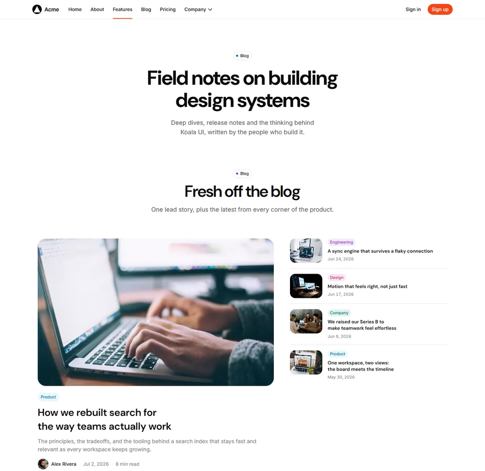 A blog index: a lead story beside the latest posts
